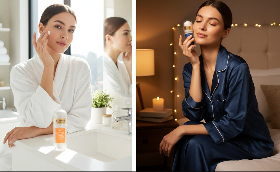 A woman using Day Radiance Serum made of Arbutin and Niacinamide during her morning routine at a bathroom sink and later relaxing at night in silk pajamas while holding the Night repair Serum made of Hyaluronic Acid, highlighting day-to-night skincare routine.