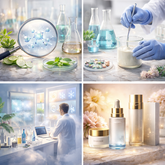 skincare formulation process, featuring ingredient research in a lab, product formulation, testing under controlled conditions, and premium cosmetic packaging.