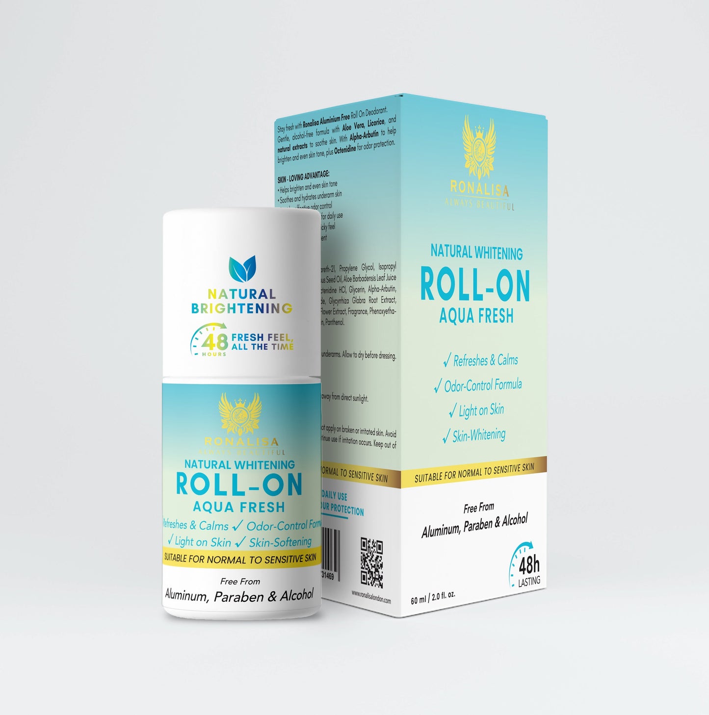Aqua Fresh Whitening Roll-On with Alpha Arbutin and Licorice for underarm dark spot reduction and long-lasting freshness
