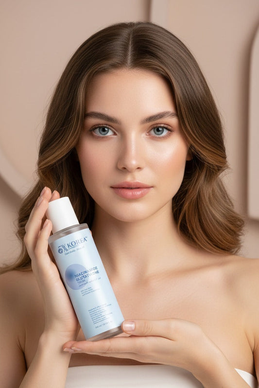 A woman with clear, glowing skin holds Niacinamide and Glutathione Toner bottel from 5X Korea near her face, posing against a soft neutral background to showcase the product.