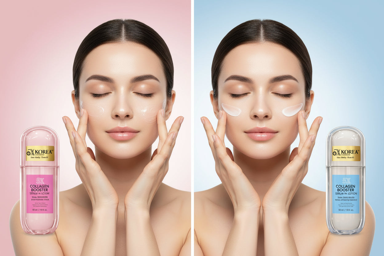 A woman applying 10X Collagen Booster Serum, shown with two 5X Korea Collagen Booster Serum bottle in pink and the other using 10X Collagen Booster Serum In Lotion in blue packaging, illustrating a before-and-after or dual-variant skincare comparison.
